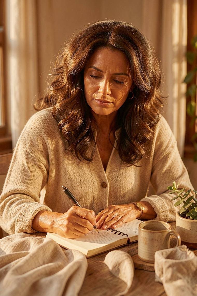 Mulher escrevendo em um caderno à mesa