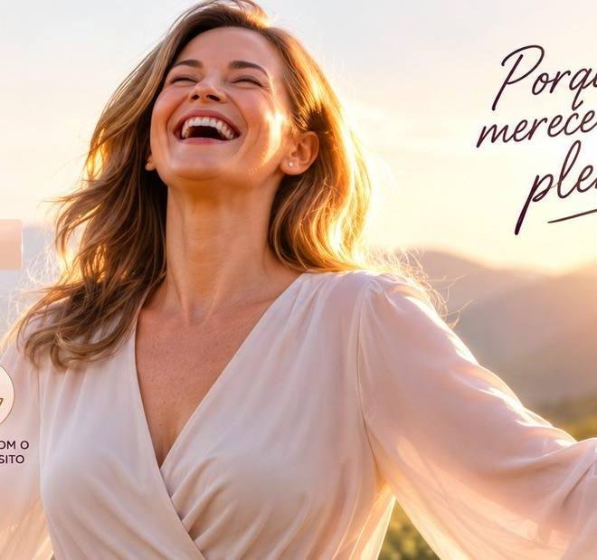 Mulher sorrindo de braços abertos ao pôr do sol